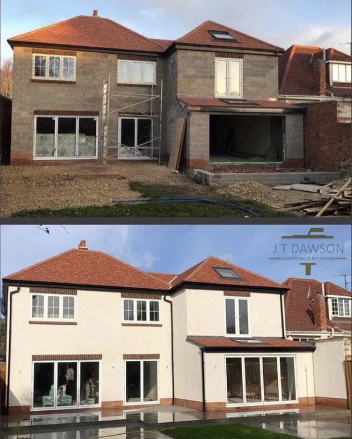 The same house twice: bare blockwork before, then finished in render after, by J T Dawson